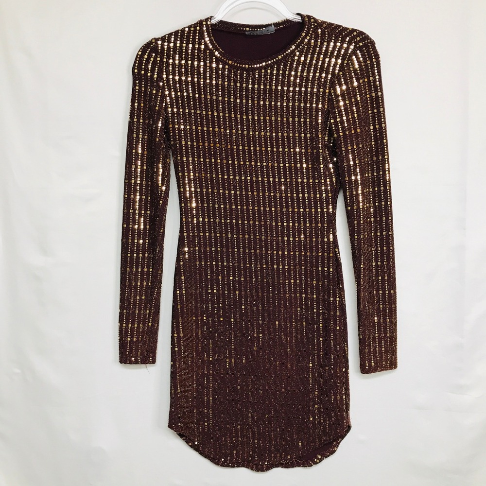 B Darlin Womens Sequin‎ Long Sleeve Mini Dress Burgundy Gold Sparkle Bodycon